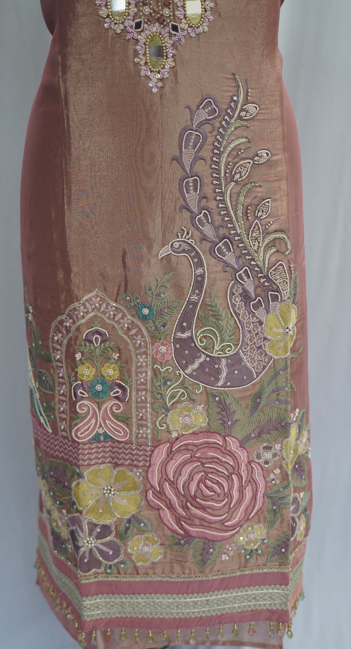 Tulfi silk top and dupatta, Upada silk bottom, thread work embroidery and hand work with cutwork duptta