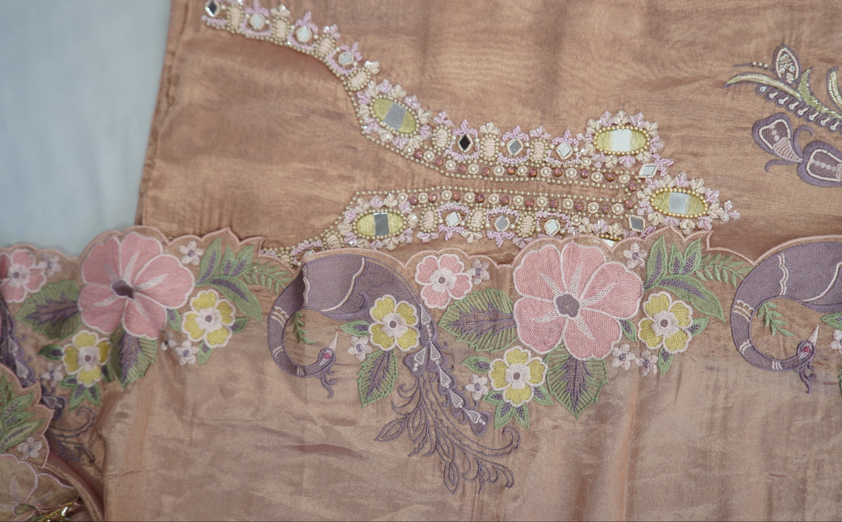 Tulfi silk top and dupatta, Upada silk bottom, thread work embroidery and hand work with cutwork duptta