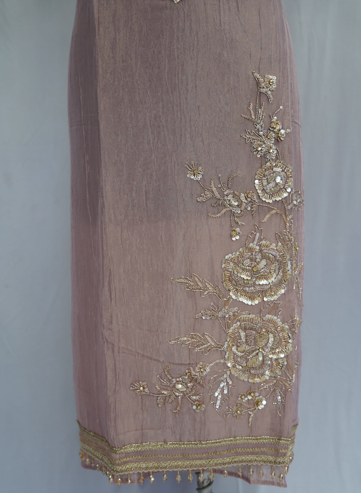 Bronze tissue top and dupatta, bottom Upada silk, handwork with multi thread and laces