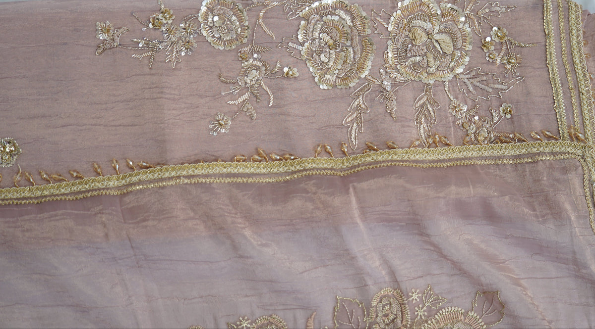 Bronze tissue top and dupatta, bottom Upada silk, handwork with multi thread and laces