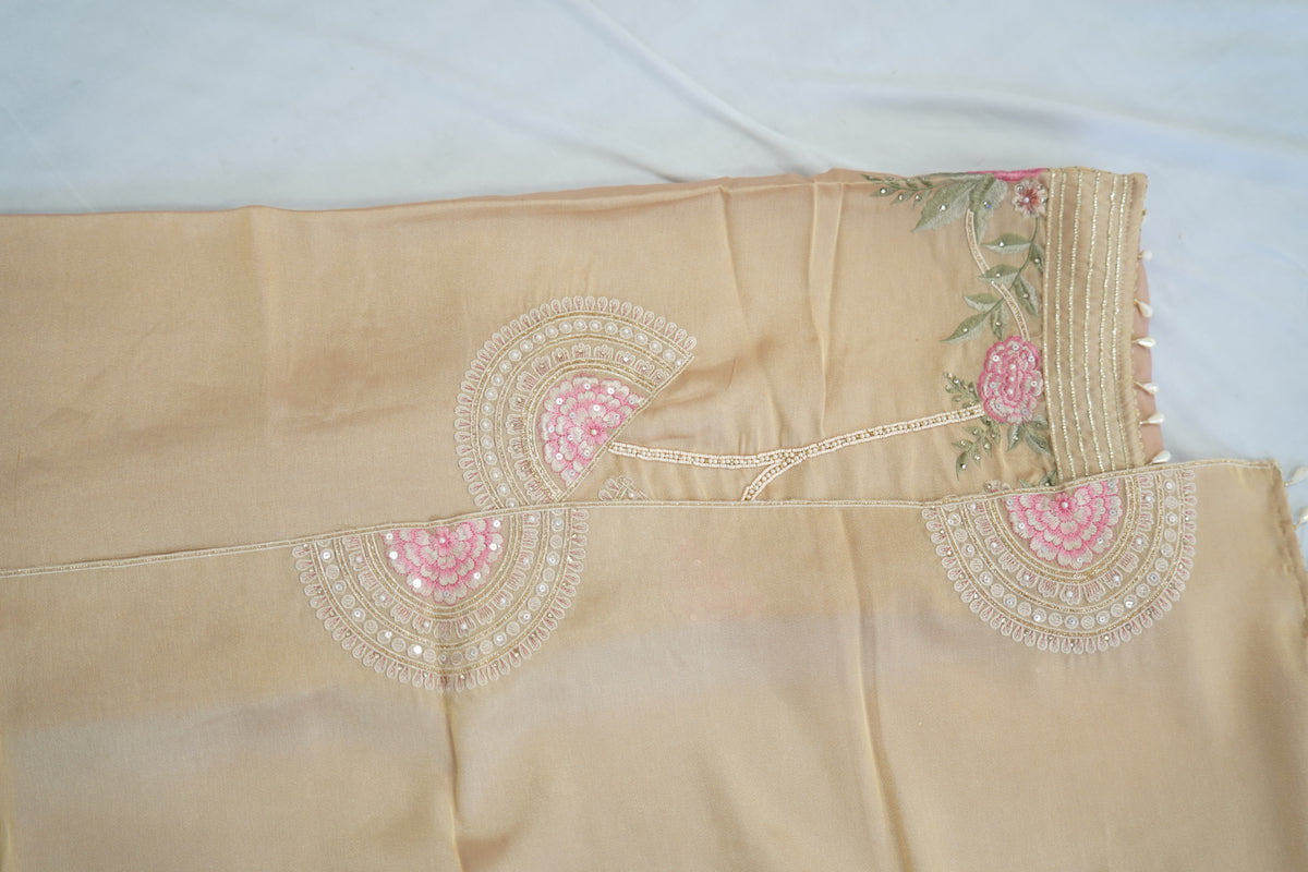 Sapphire silk top and top-to-bottom Upada silk, thread embroidery and sequence with beads work