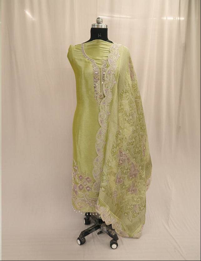 Jiraff silk top, jacquard dupatta, Upada silk bottom, thread and hand work