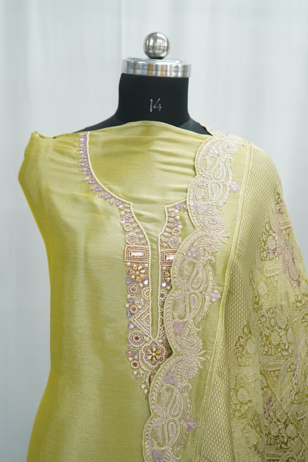 Jiraff silk top, jacquard dupatta, Upada silk bottom, thread and hand work