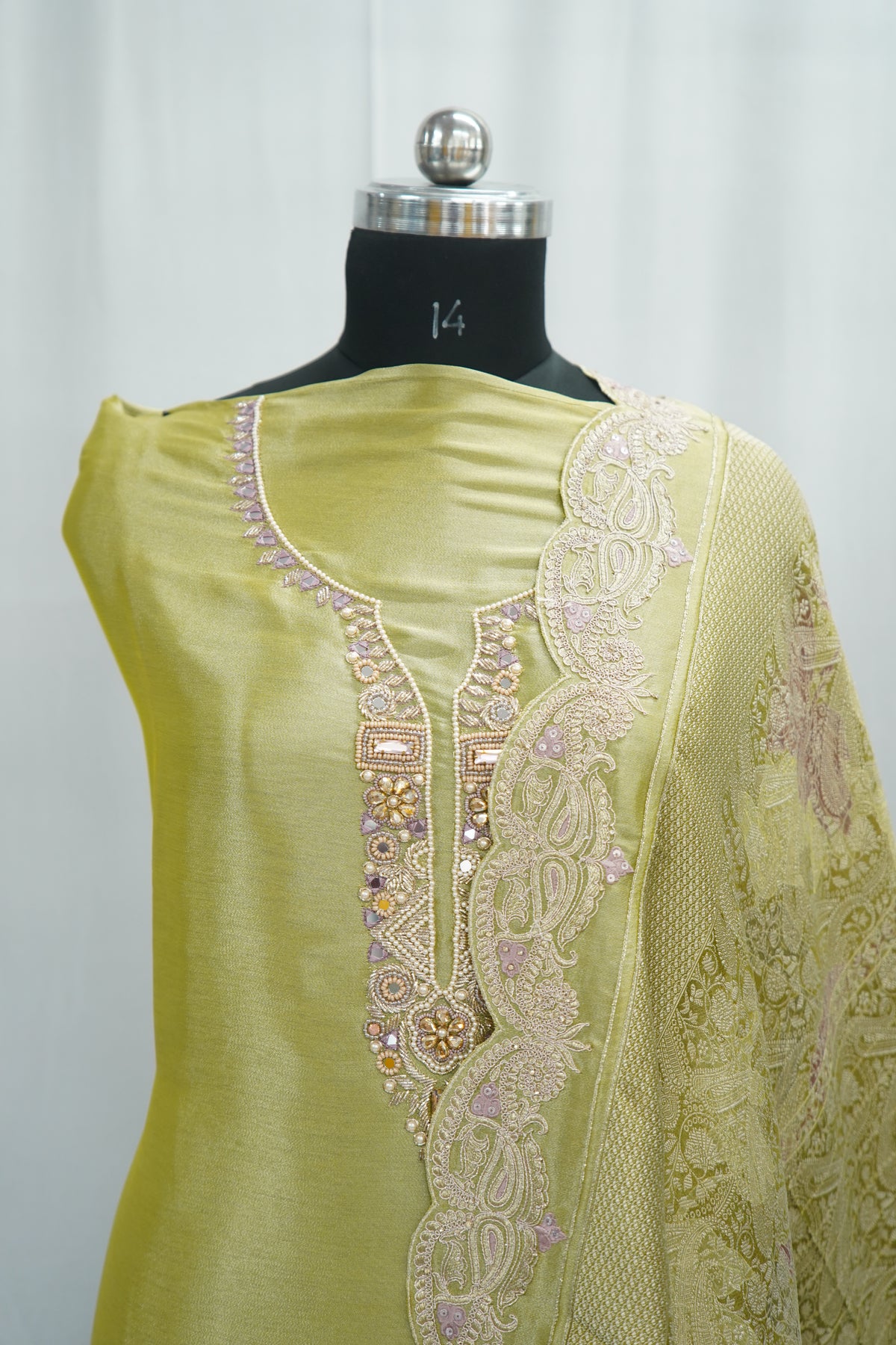 Jiraff silk top, jacquard dupatta, Upada silk bottom, thread and hand work