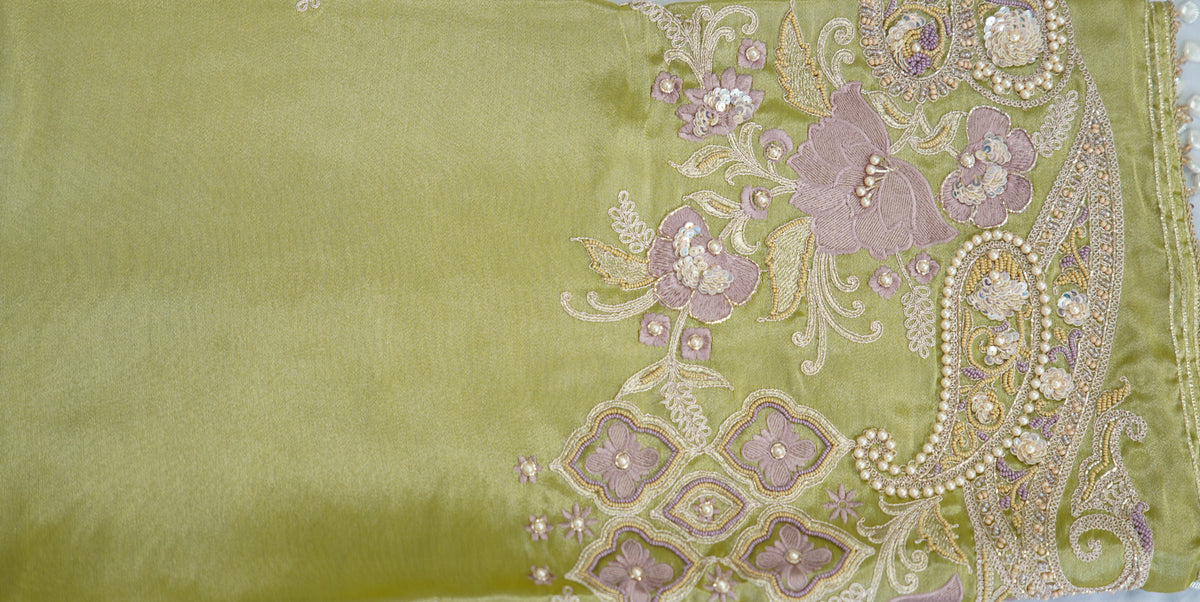 Jiraff silk top, jacquard dupatta, Upada silk bottom, thread and hand work