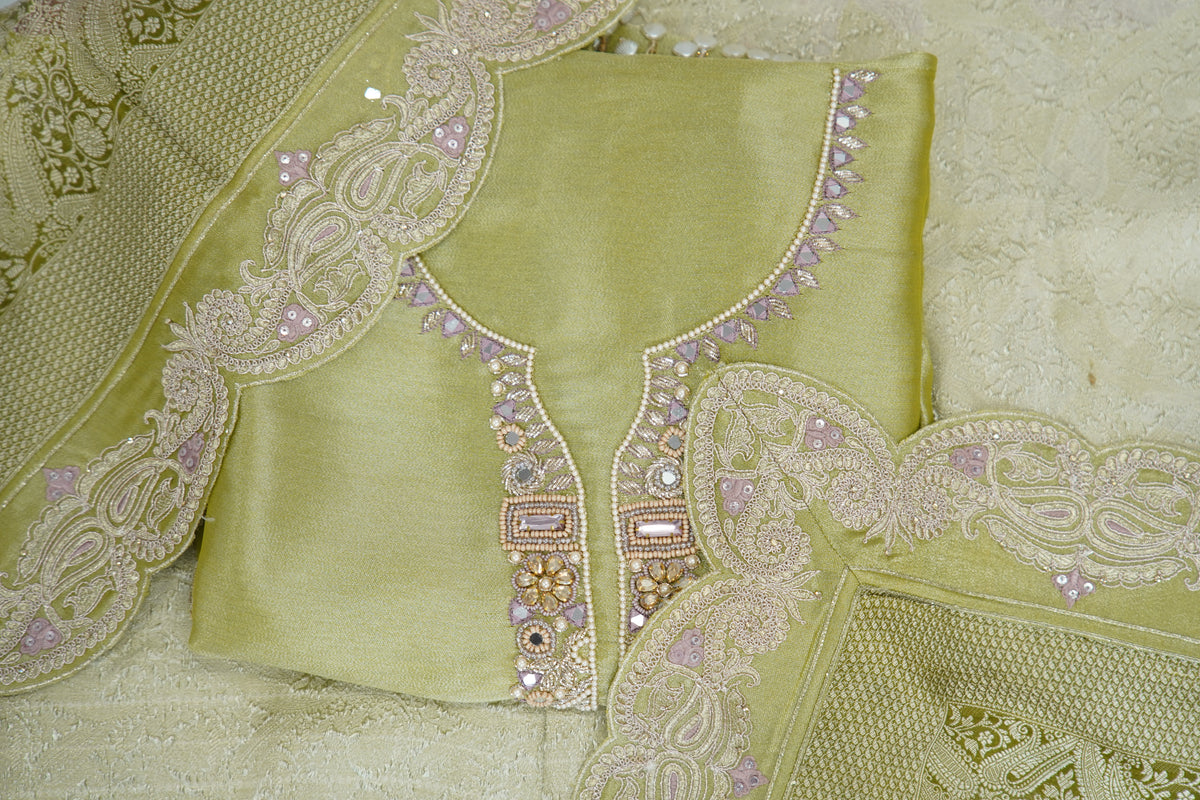 Jiraff silk top, jacquard dupatta, Upada silk bottom, thread and hand work