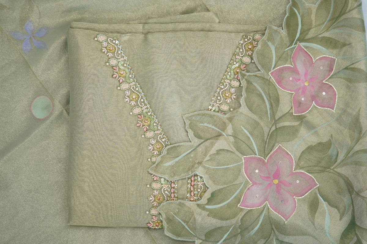 Tulfi silk top and Dupatta, Upada silk bottom, hand paint work top and dupatta cutwork
