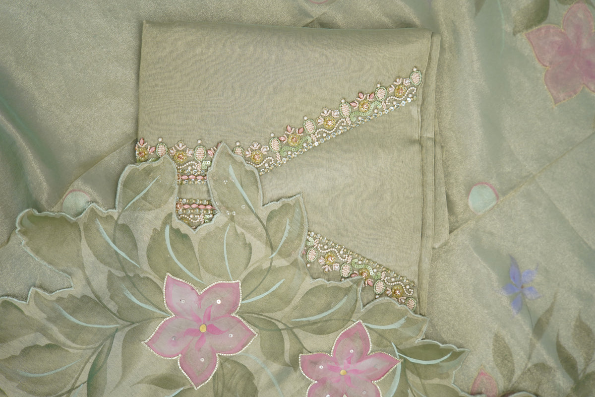 Tulfi silk top and Dupatta, Upada silk bottom, hand paint work top and dupatta cutwork