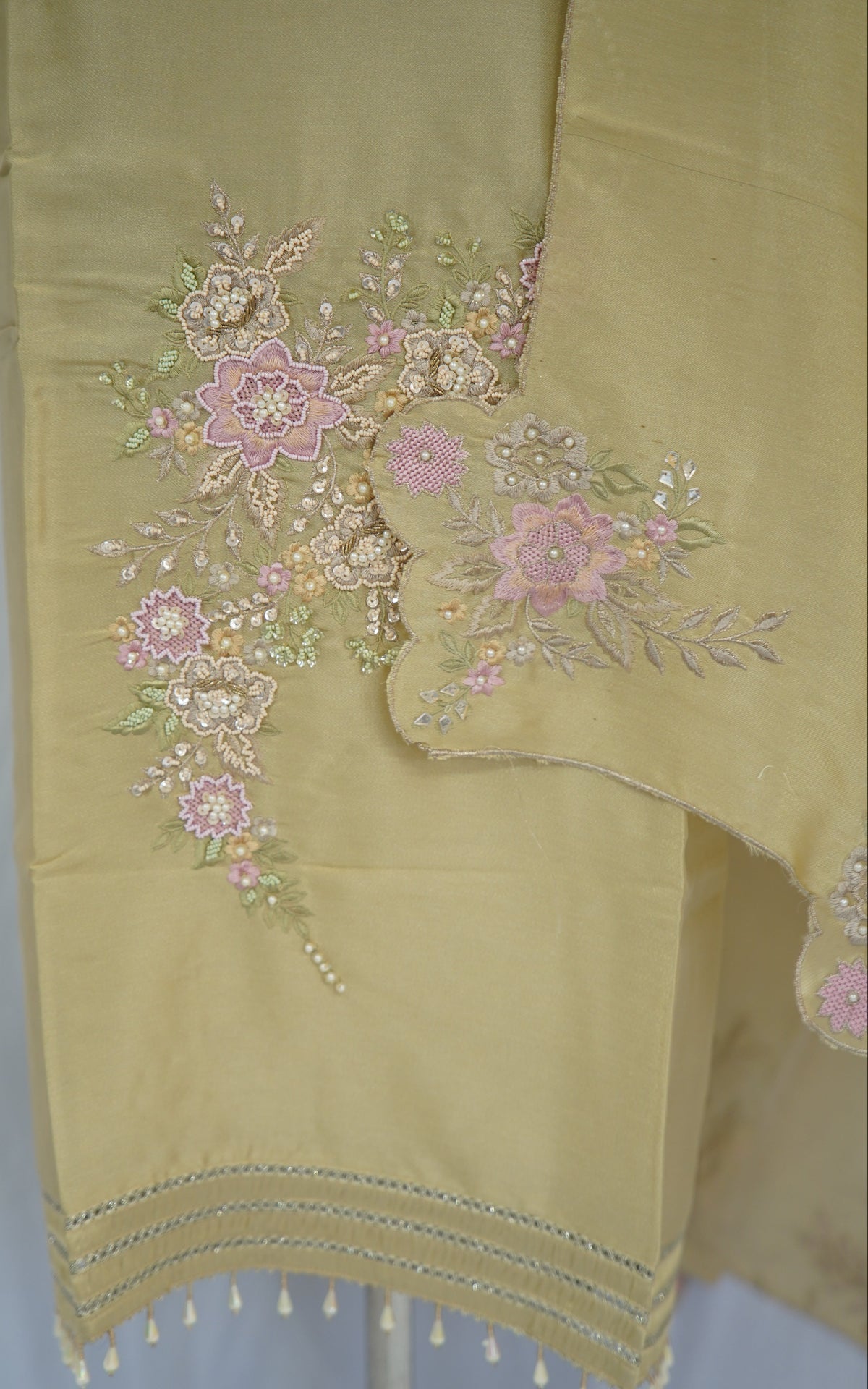 Tatwam silk top and dupatta, bottom Upada silk, thread and hand work with fancy cutwork duptta