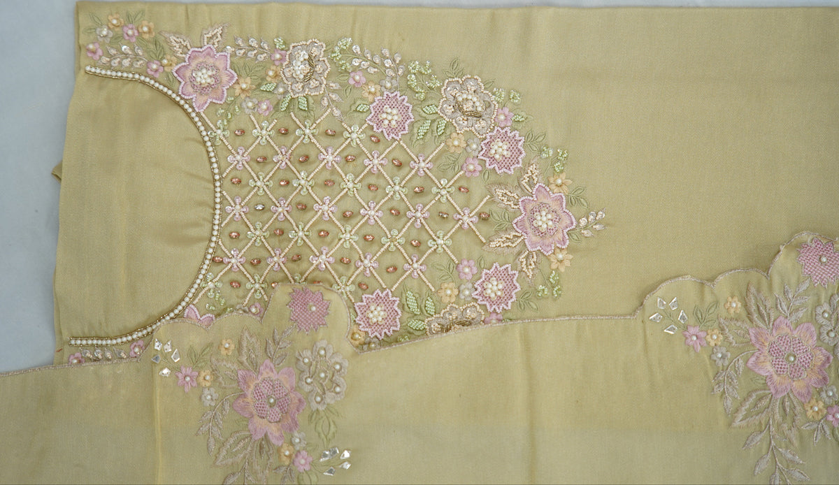 Tatwam silk top and dupatta, bottom Upada silk, thread and hand work with fancy cutwork duptta