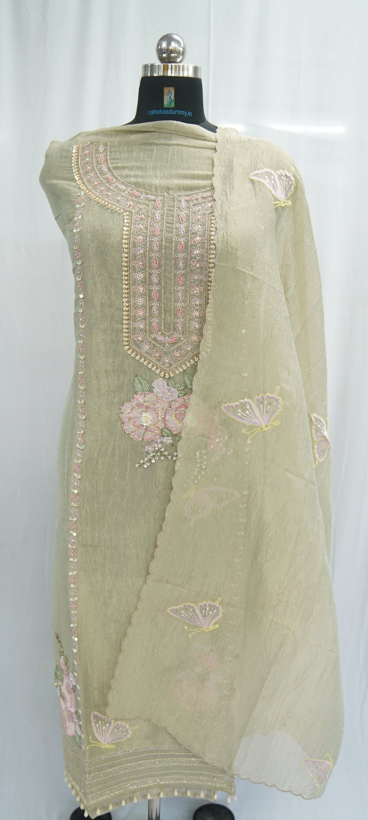 Bronze tissue top and dupatta, bottom Upada silk, handwork with multi thread and beads laces