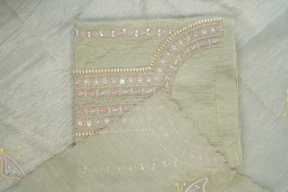 Bronze tissue top and dupatta, bottom Upada silk, handwork with multi thread and beads laces