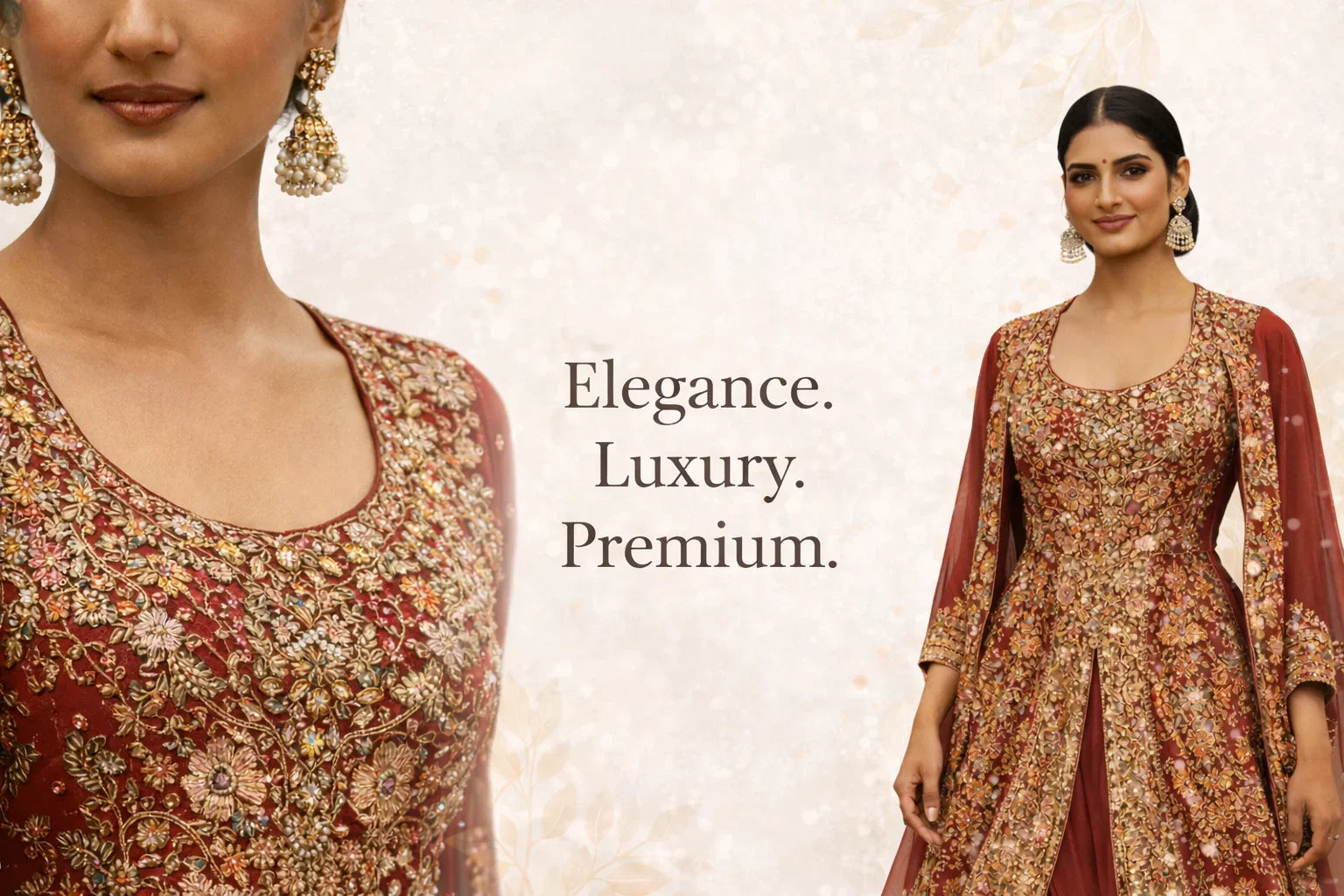 Designer maroon kaftan dress for women with intricate floral embroidery, festive attire