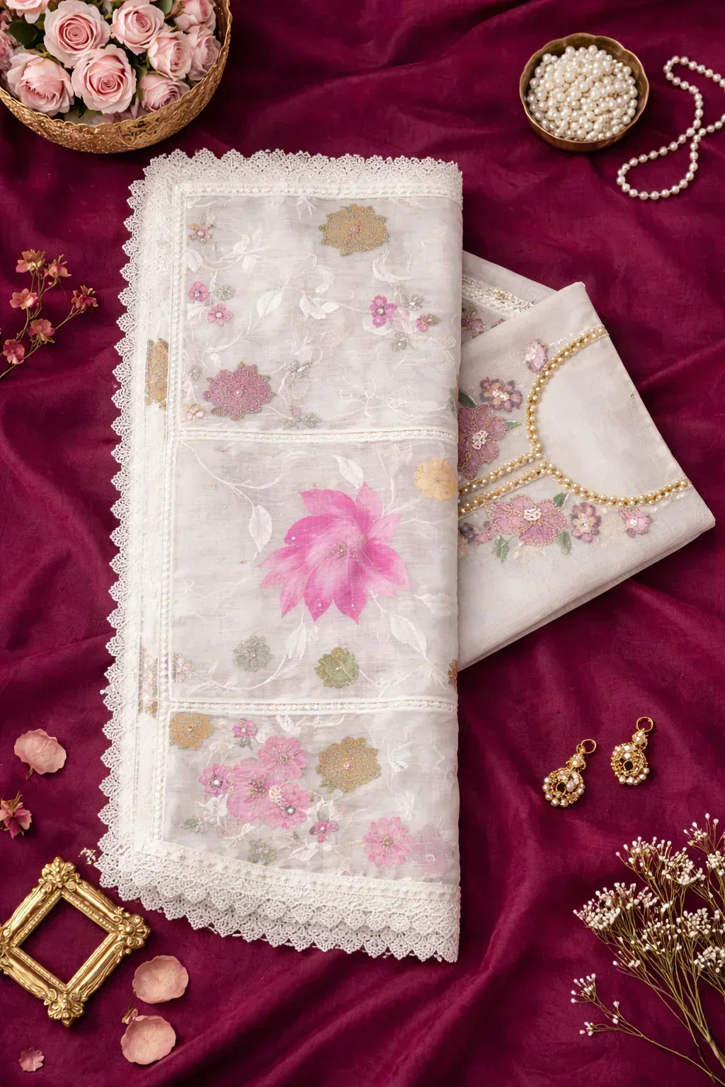Pastel floral embroidered ethnic fabric with lace border on maroon background, styled with pearls and earrings