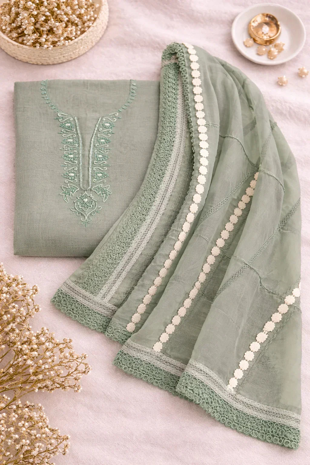 Pastel green embroidered ethnic suit set with lace border dupatta on a light background, styled with pearl jewelry.