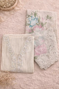 Flatlay of luxury ethnic wear set with embroidered neckline and floral dupatta on soft fabric background