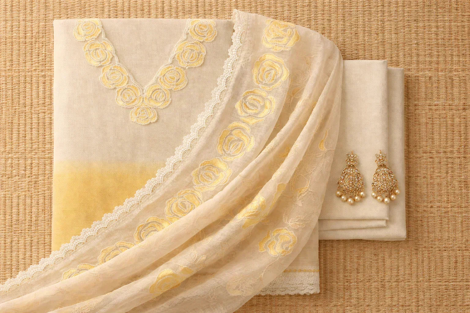 Cream and yellow embroidered ethnic suit set with dupatta and gold jhumka earrings
