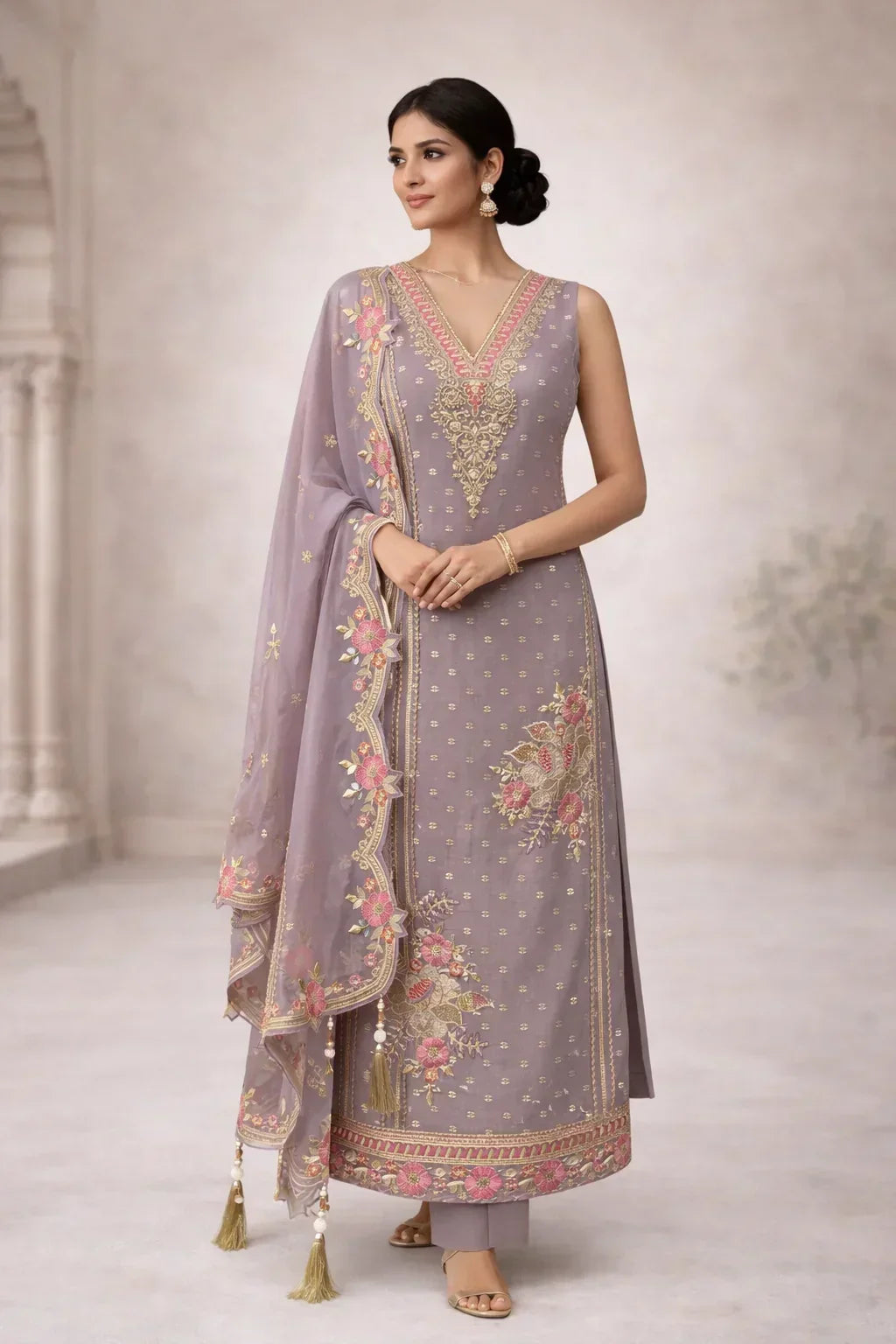 Woman wearing a lavender embroidered Anarkali suit with floral dupatta, festive ethnic wear