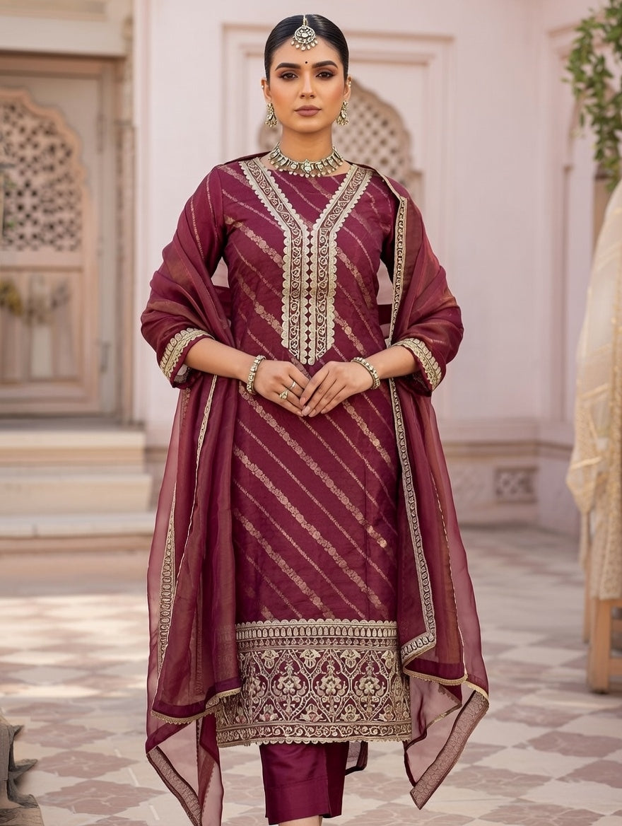 Traditional elegance in maroon and gold