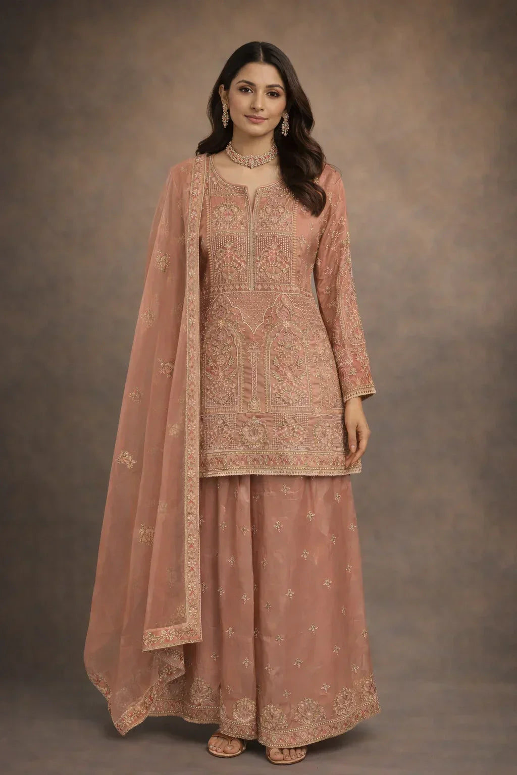 Woman in blush pink embroidered ethnic sharara suit with dupatta, festive Indian wear