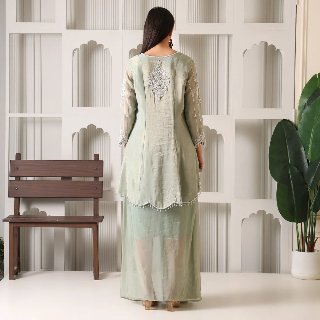 Woman in pastel green designer ethnic suit with embroidery, standing indoors, rear view