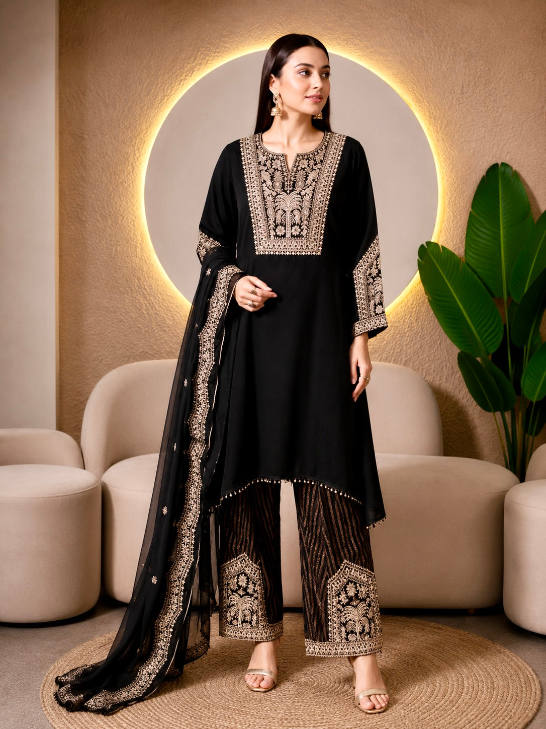 Embroidered Straight Kurta Palazzo Set