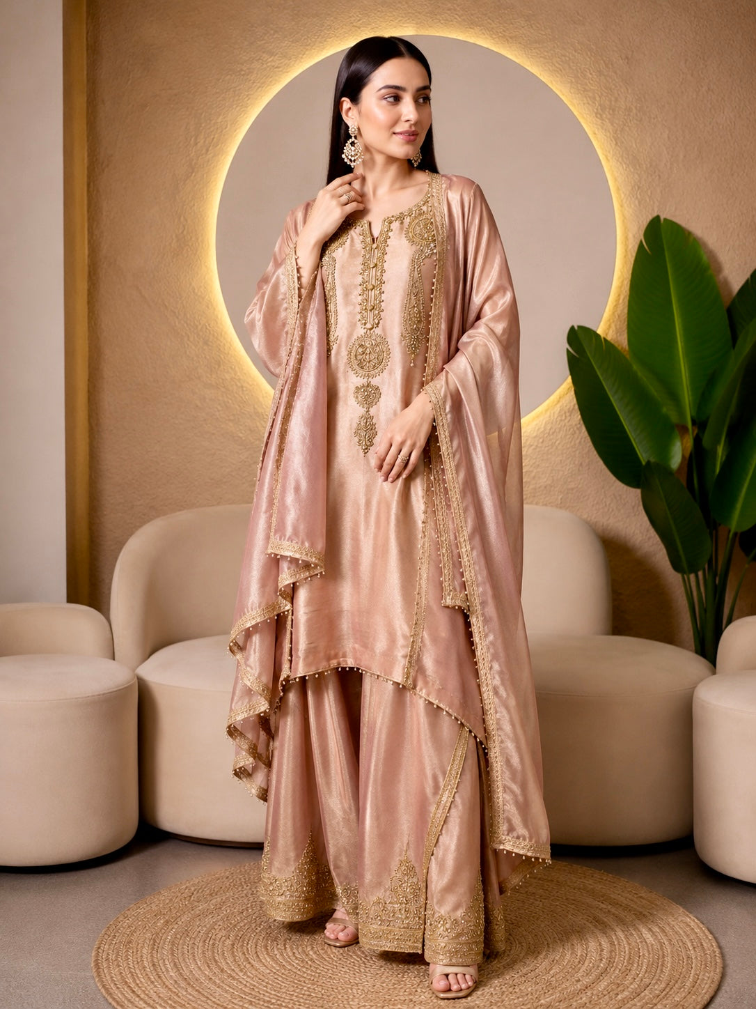 Pure Banarsi Silk with Hand Detailing - Line Pattern Suit