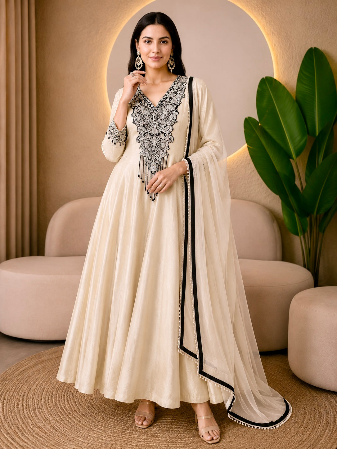 Heavy Hand Embroidered Chinon Silk Anarkali Suit