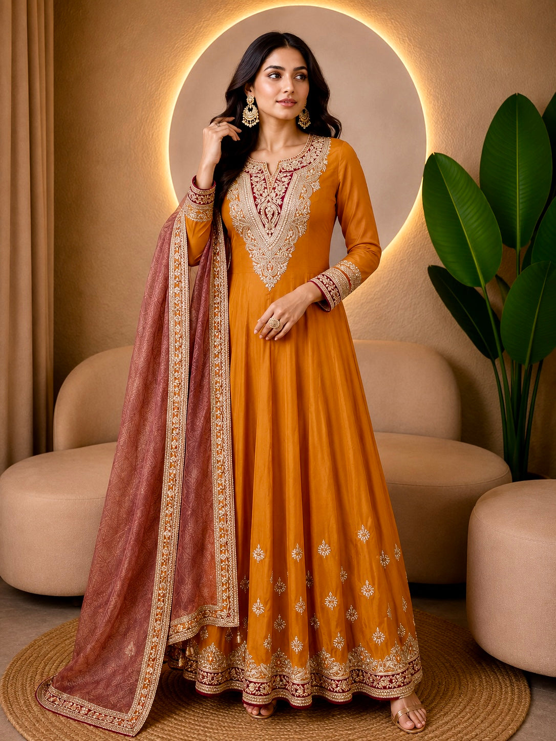 Tissue Anarkali Suit with Hand Work - Mustard Orange