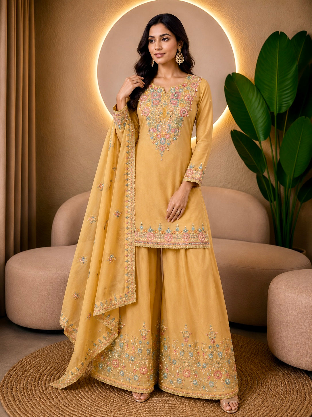 Embroidered Chinon Silk Sharara Set
