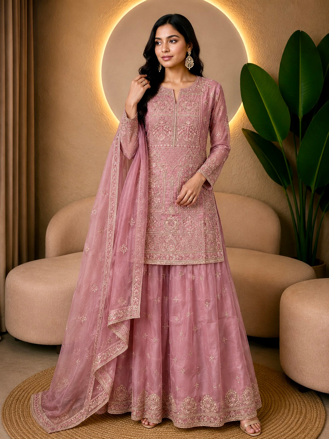 Embroidered Georgette Kurti Sharara Set