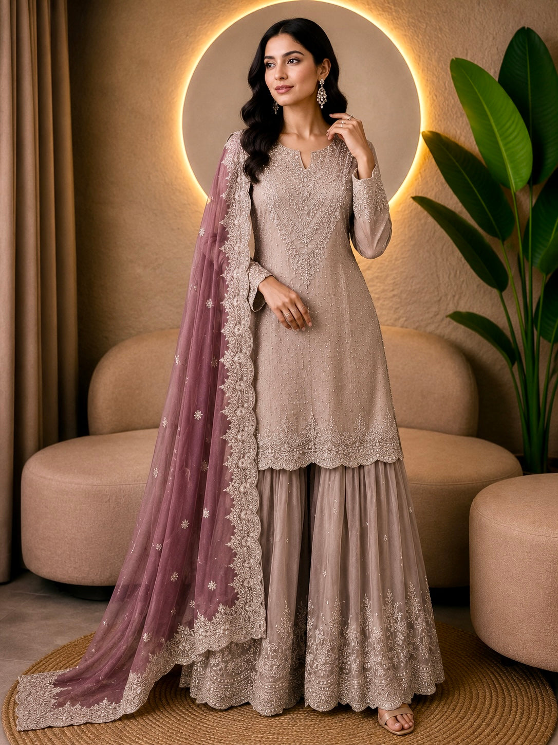 Embroidered Banarasi Tissue Sharara Suit Set