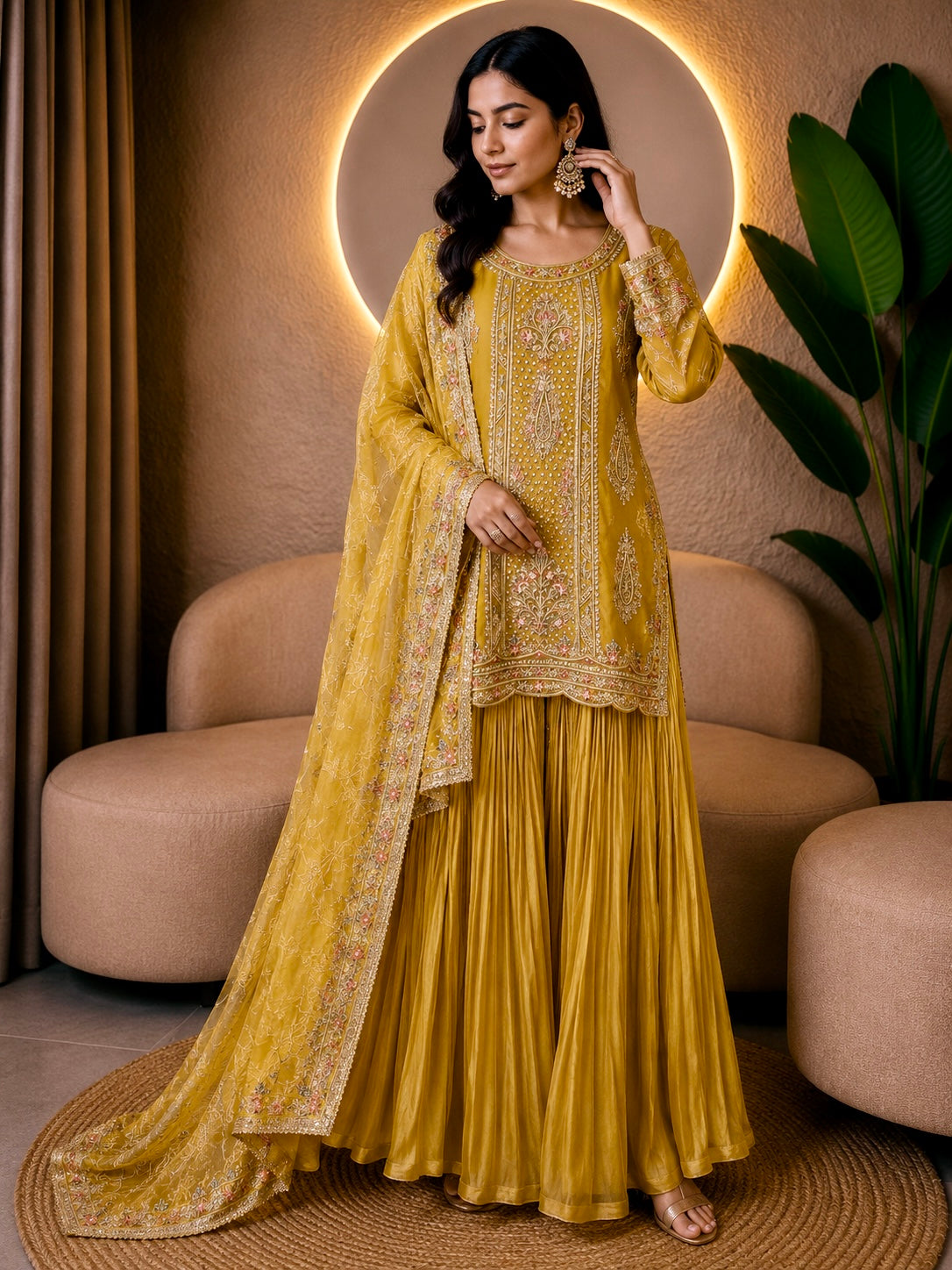 Embroidered Chinon Silk Sharara Suit