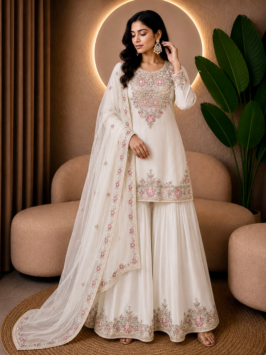 Ivory Tissue Sharara Gharara with Hand Embroidery