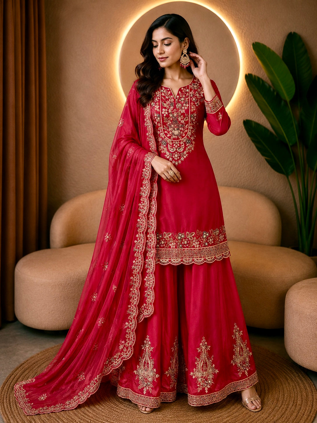 Coral Red Tissue Sharara Gharara with Antique Gold Hand Work