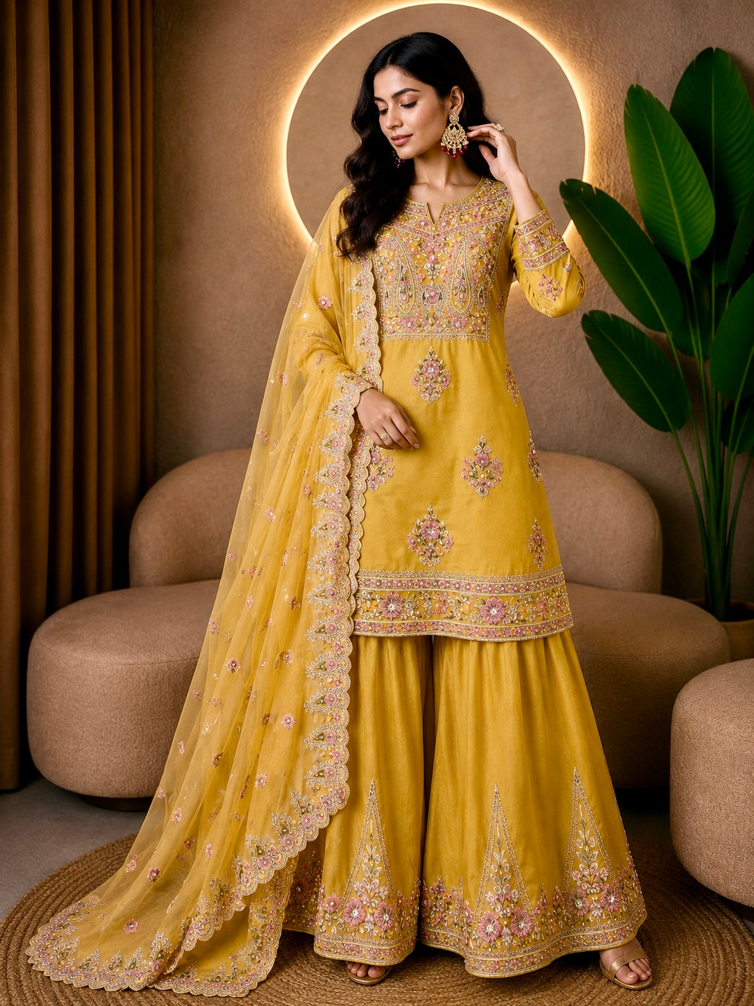Mustard Yellow Tissue Sharara Gharara with Multitone Hand Work