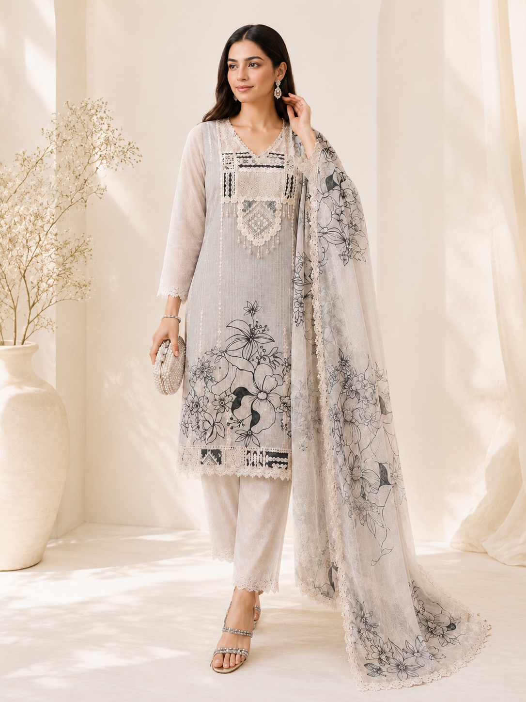 Beige embroidered kurta with pastel blue and gold threadwork, folded on a brass tray