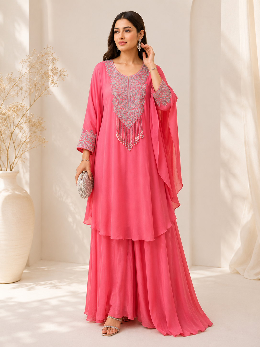 Woman in rose gold ethnic Anarkali dress with ornate embroidery, standing outdoors by a river