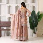 Woman in pastel pink embroidered ethnic sharara suit and dupatta, indoor setting with plants