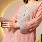 Peach embroidered anarkali suit with intricate silver thread and sequin work, festive ethnic wear