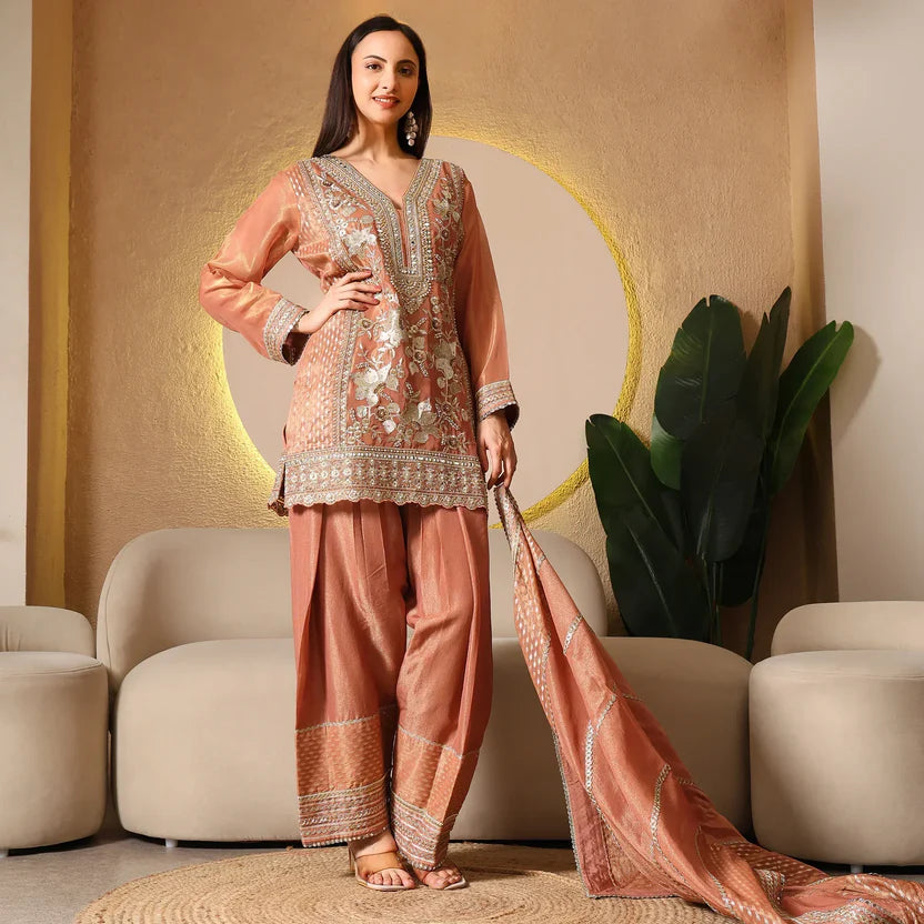 Embroidered Chinon Silk Set