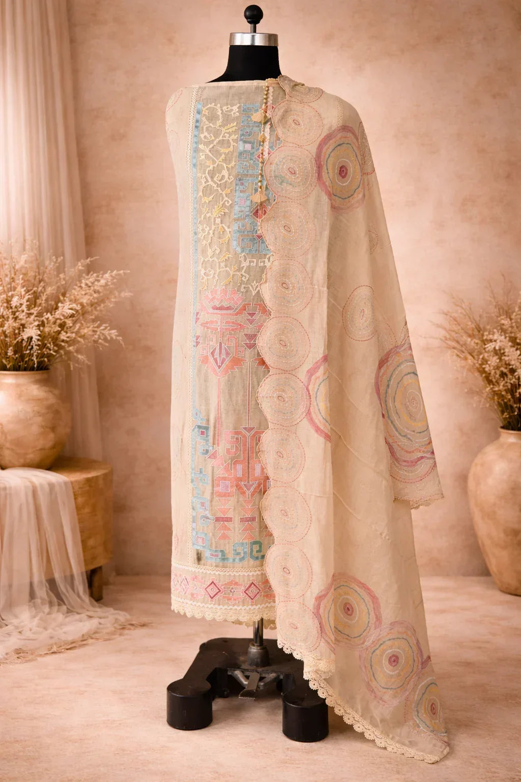 Mannequin displaying a pastel embroidered ethnic suit with geometric patterns and scalloped dupatta