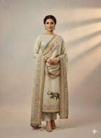 Woman in cream embroidered Anarkali suit with dupatta and elephant motif, traditional ethnic wear