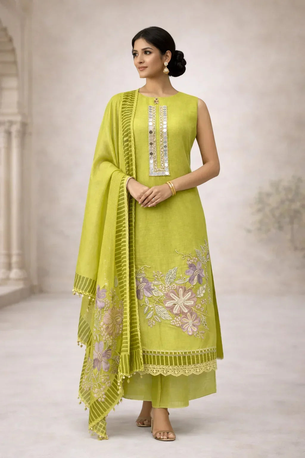 Woman wearing lime green ethnic suit with floral embroidery and matching dupatta, ideal for festive occasions