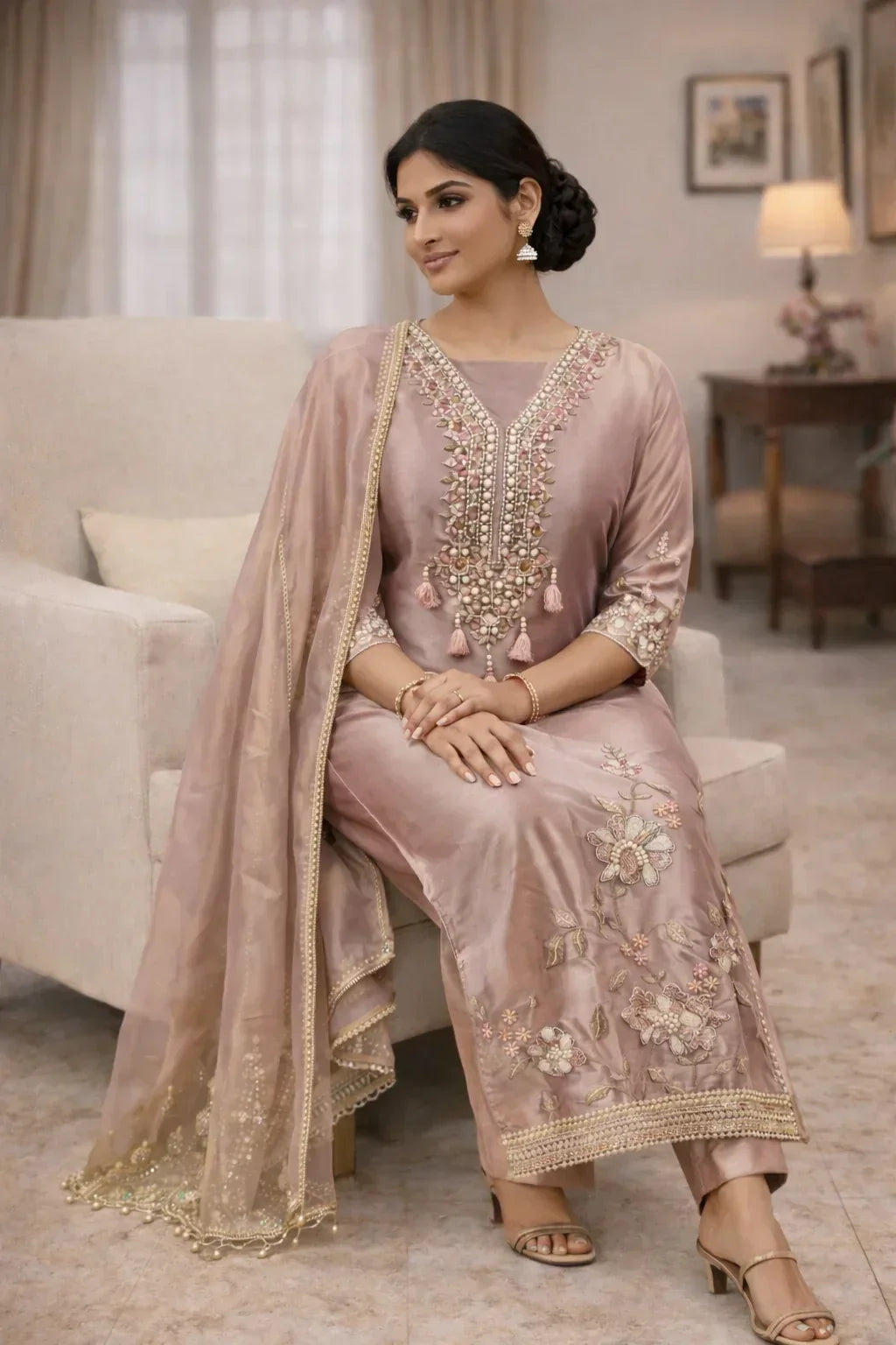 Woman in pastel embroidered Anarkali suit with dupatta, posing indoors, festive ethnic wear