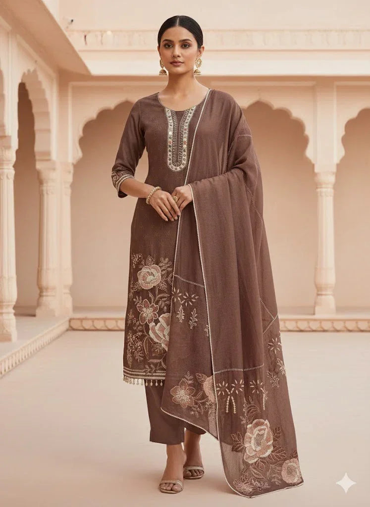 Woman wearing a brown ethnic suit with floral embroidery and dupatta, in a traditional courtyard.