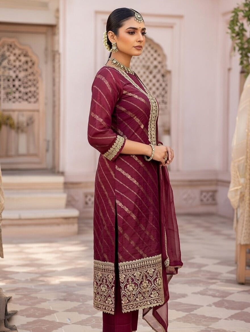 Traditional elegance in maroon and gold