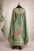 Green Banarasi Anarkali suit with pink floral embroidery and dupatta, displayed on mannequin
