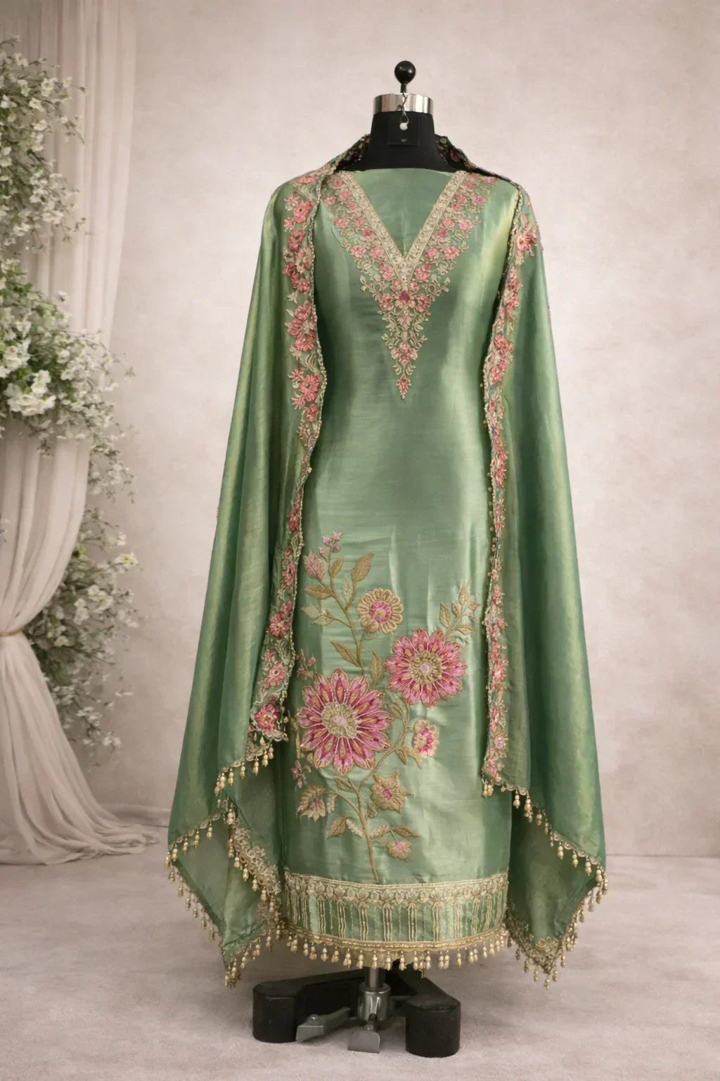 Green Banarasi Anarkali suit with pink floral embroidery and dupatta, displayed on mannequin