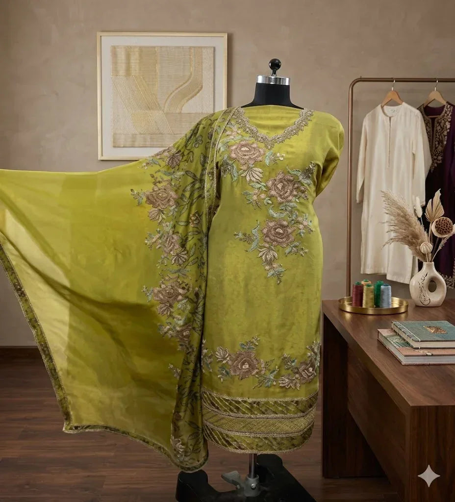 Olive green Banarasi Anarkali suit with floral embroidery on mannequin, elegant ethnic wear